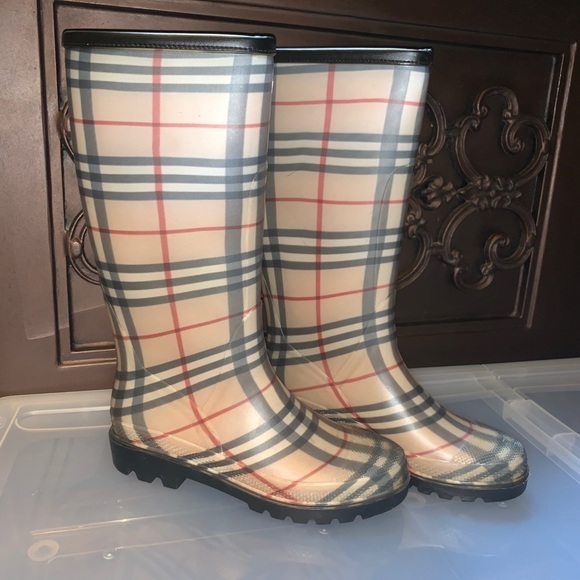 Burberry Shoes - Classic Tall Brown Plaid Burberry Rain Boots
